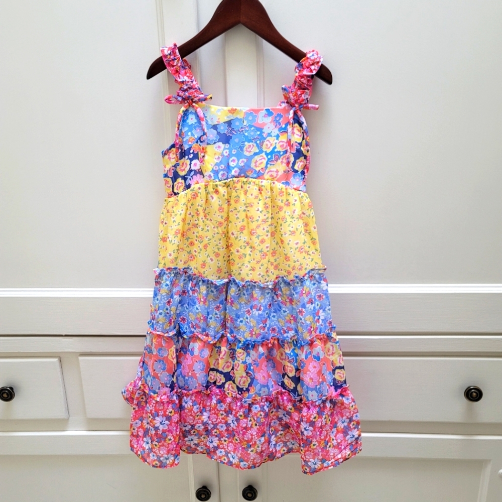 New! Sz 8 Jona Michelle Floral Pink Blue Yellow Sleeveless Ruffle Dress NWT